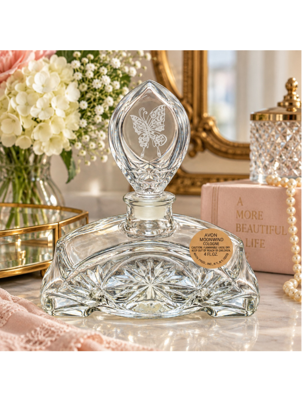Vintage Avon Moonwind Cologne Butterfly Cut Glass Decanter Bottle 4 oz